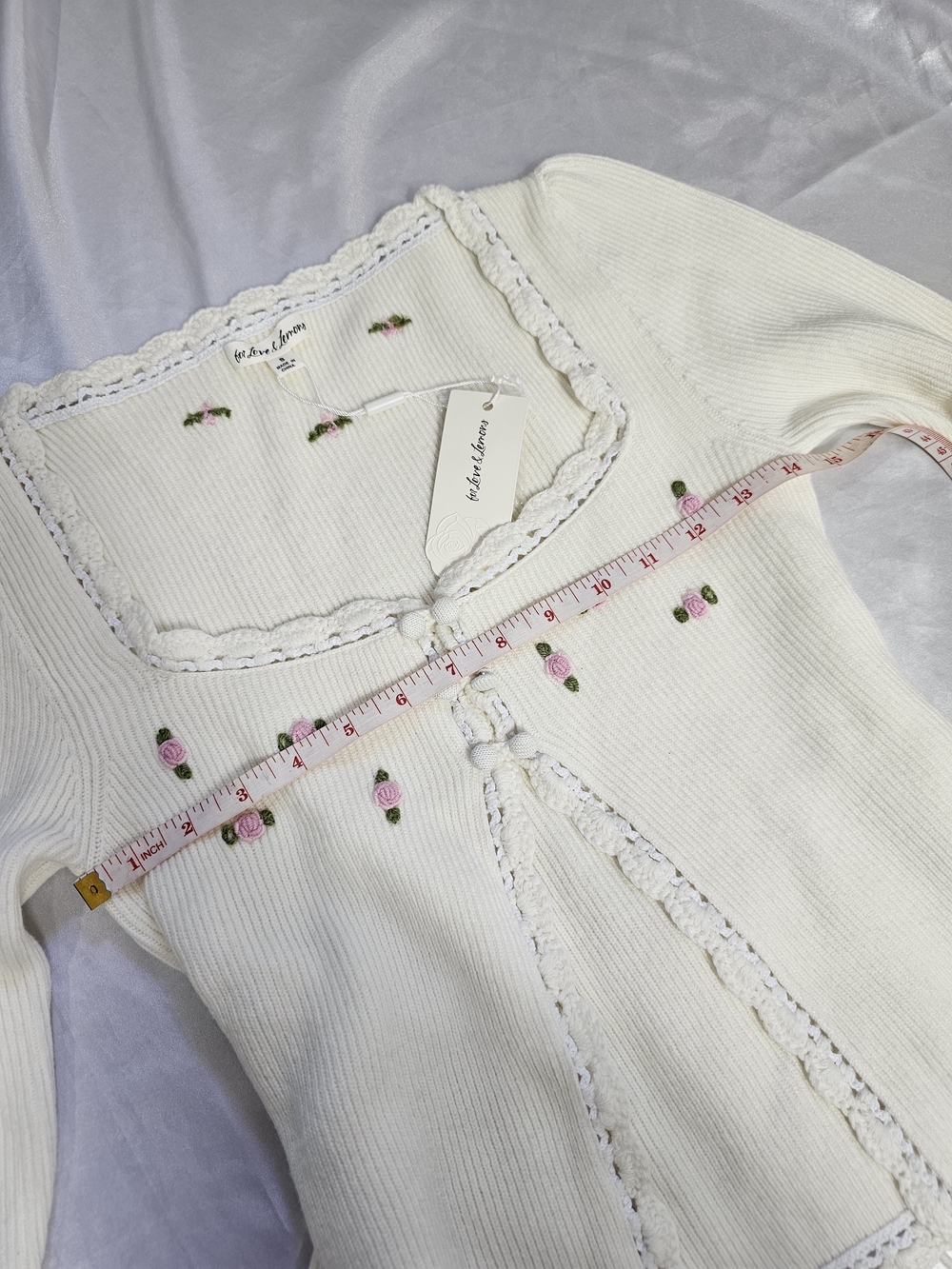 For Love & Lemons Cream Knit Cardigan with Pink Rose Embroidery - Picture 3 of 7